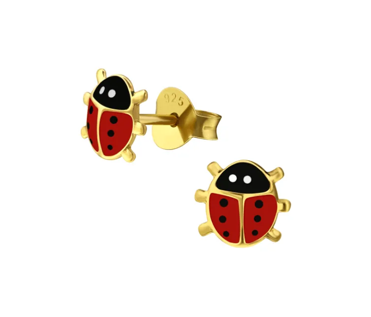 14k Gold Plated Sterling Silver Ladybug Baby Children Screw Back Earrings