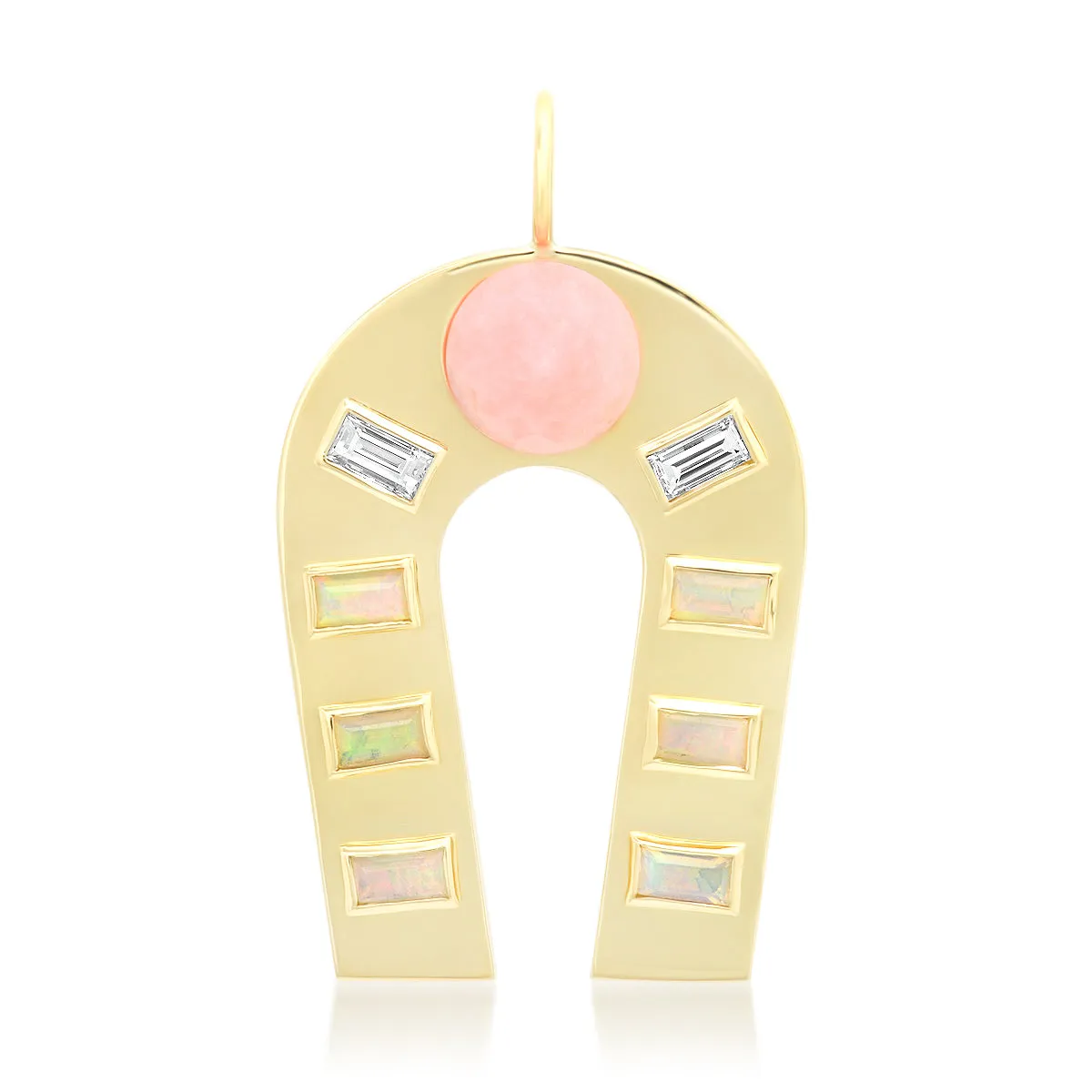 14K Yellow Gold Pink Opal, Opal and Diamond Baguette Horseshoe Charm