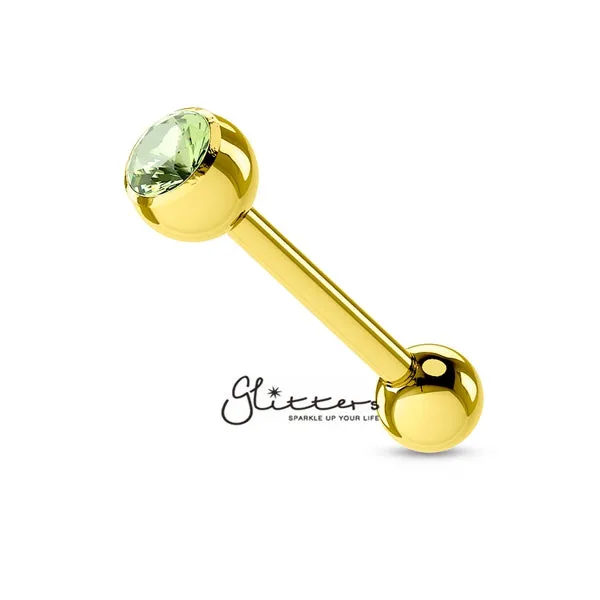 18K Gold I.P Over Surgical Steel Tongue Bar with Single Green Crystal