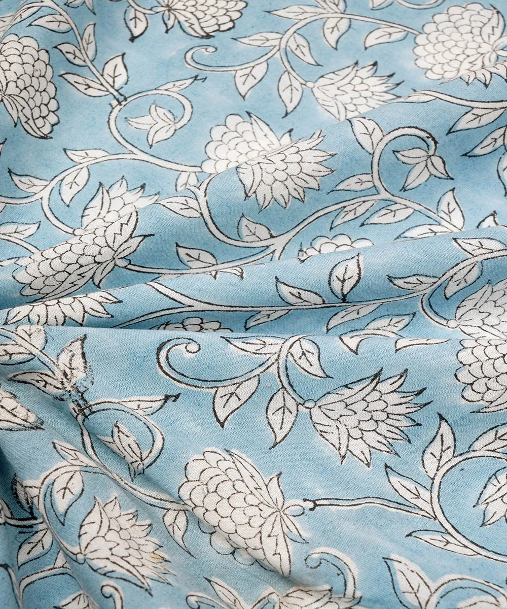 2.5 m sky blue hand block printed sanganeri kurta cotton material