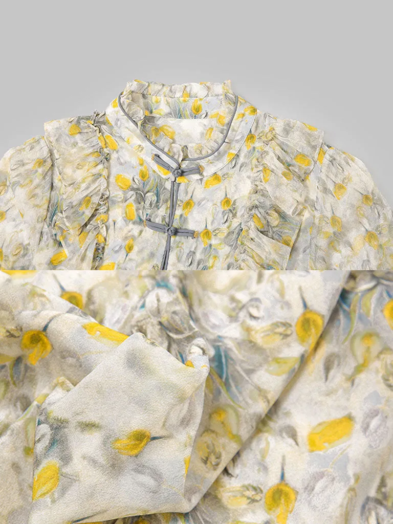 2PS Yellow Ruffles Collar Floral Print Shirt And Pant Suit