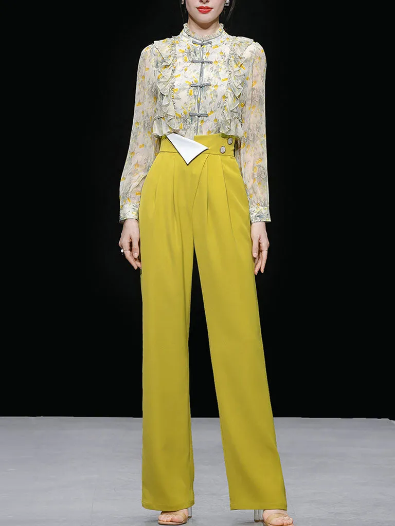 2PS Yellow Ruffles Collar Floral Print Shirt And Pant Suit