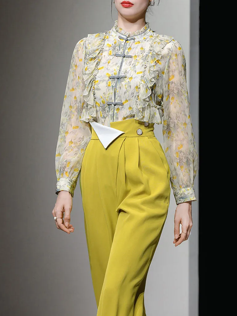 2PS Yellow Ruffles Collar Floral Print Shirt And Pant Suit