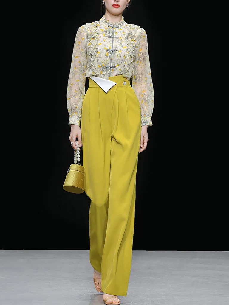 2PS Yellow Ruffles Collar Floral Print Shirt And Pant Suit