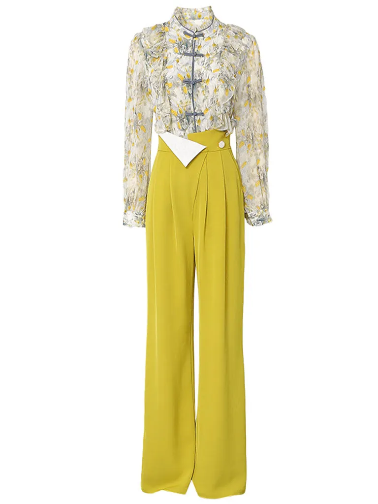 2PS Yellow Ruffles Collar Floral Print Shirt And Pant Suit