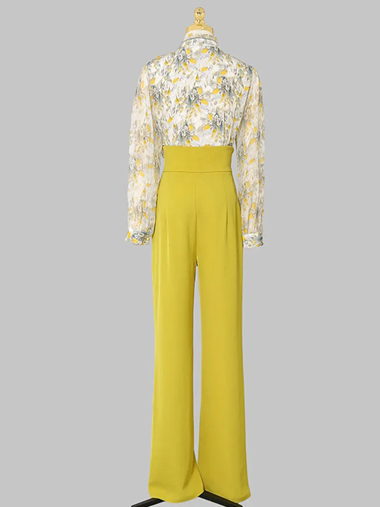 2PS Yellow Ruffles Collar Floral Print Shirt And Pant Suit