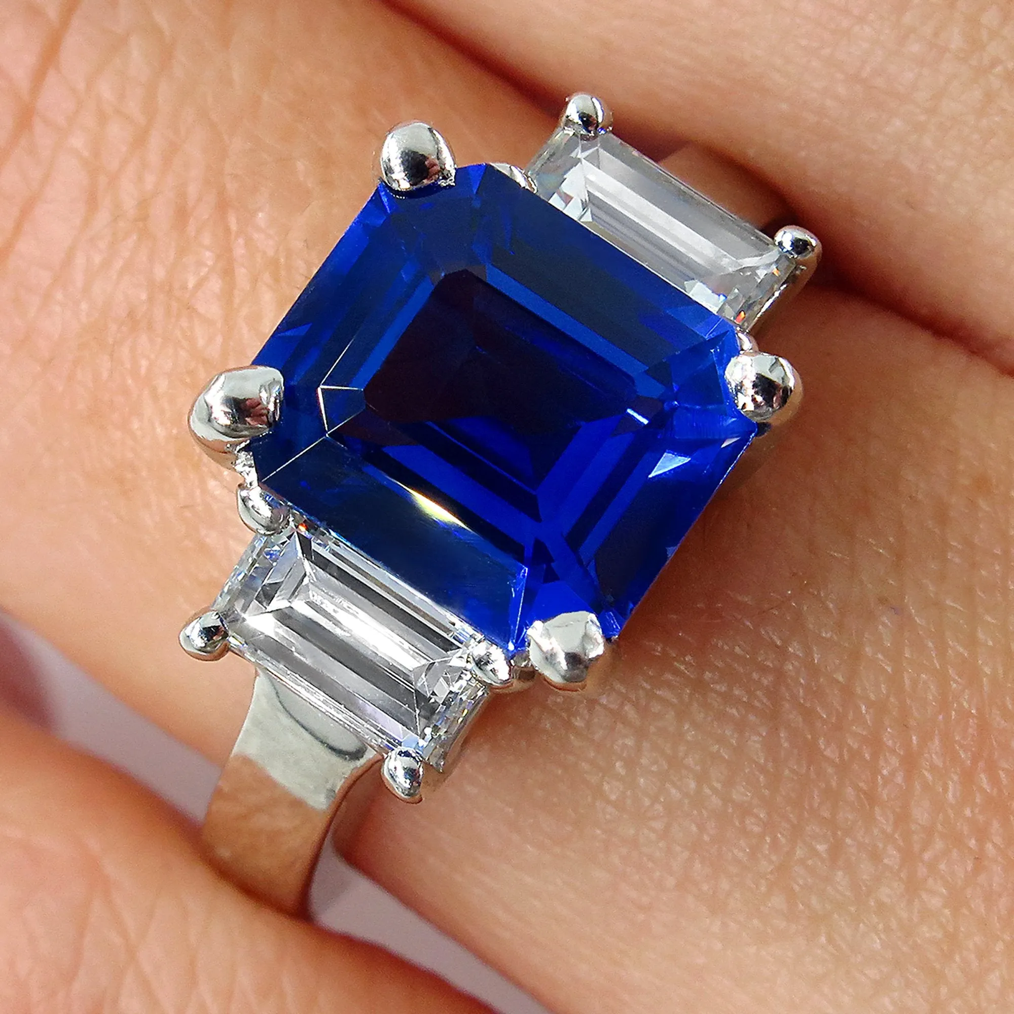 4.19ctw Ceylon GIA Natural Royal Blue Sapphire and Diamond Platinum 3 Stone Ring