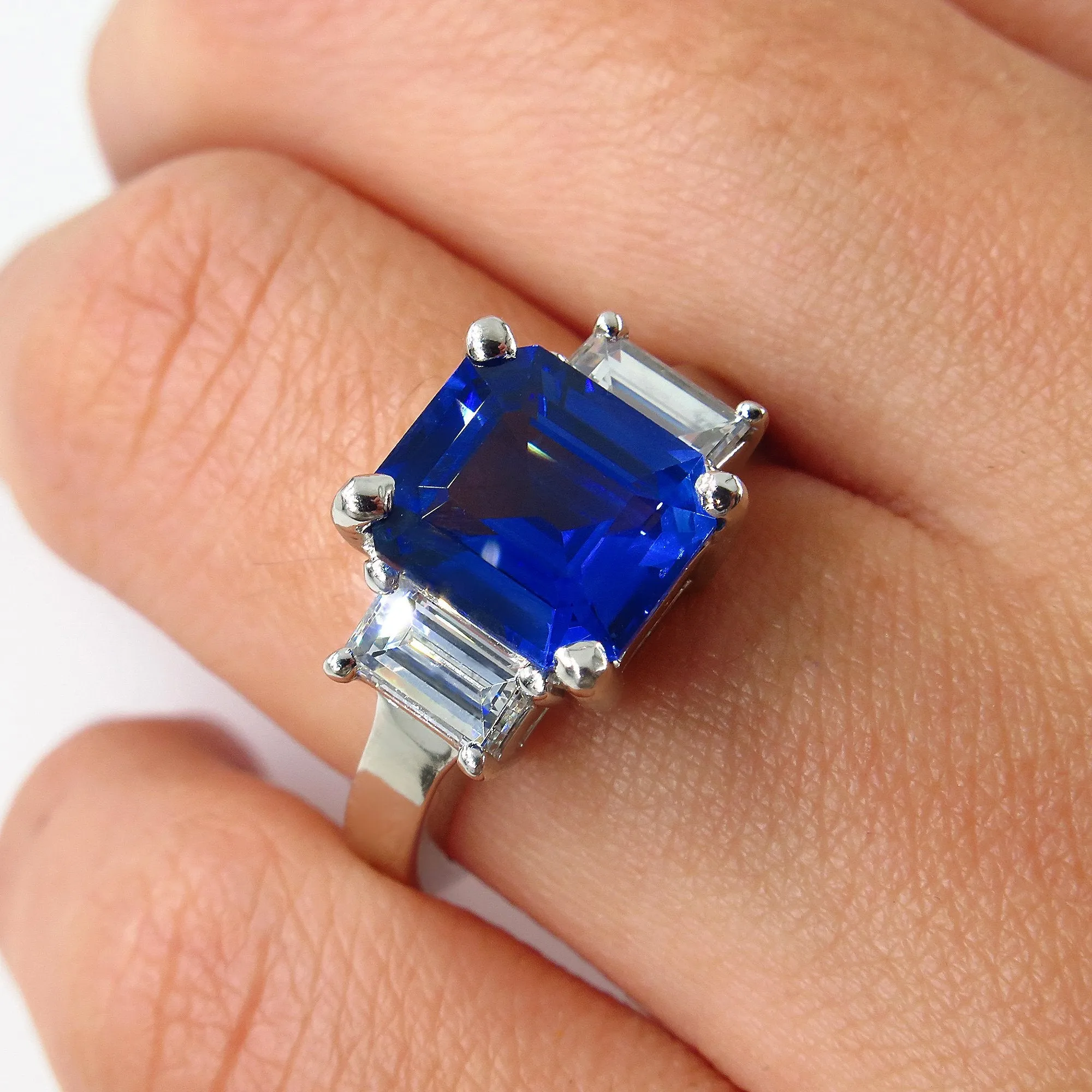 4.19ctw Ceylon GIA Natural Royal Blue Sapphire and Diamond Platinum 3 Stone Ring