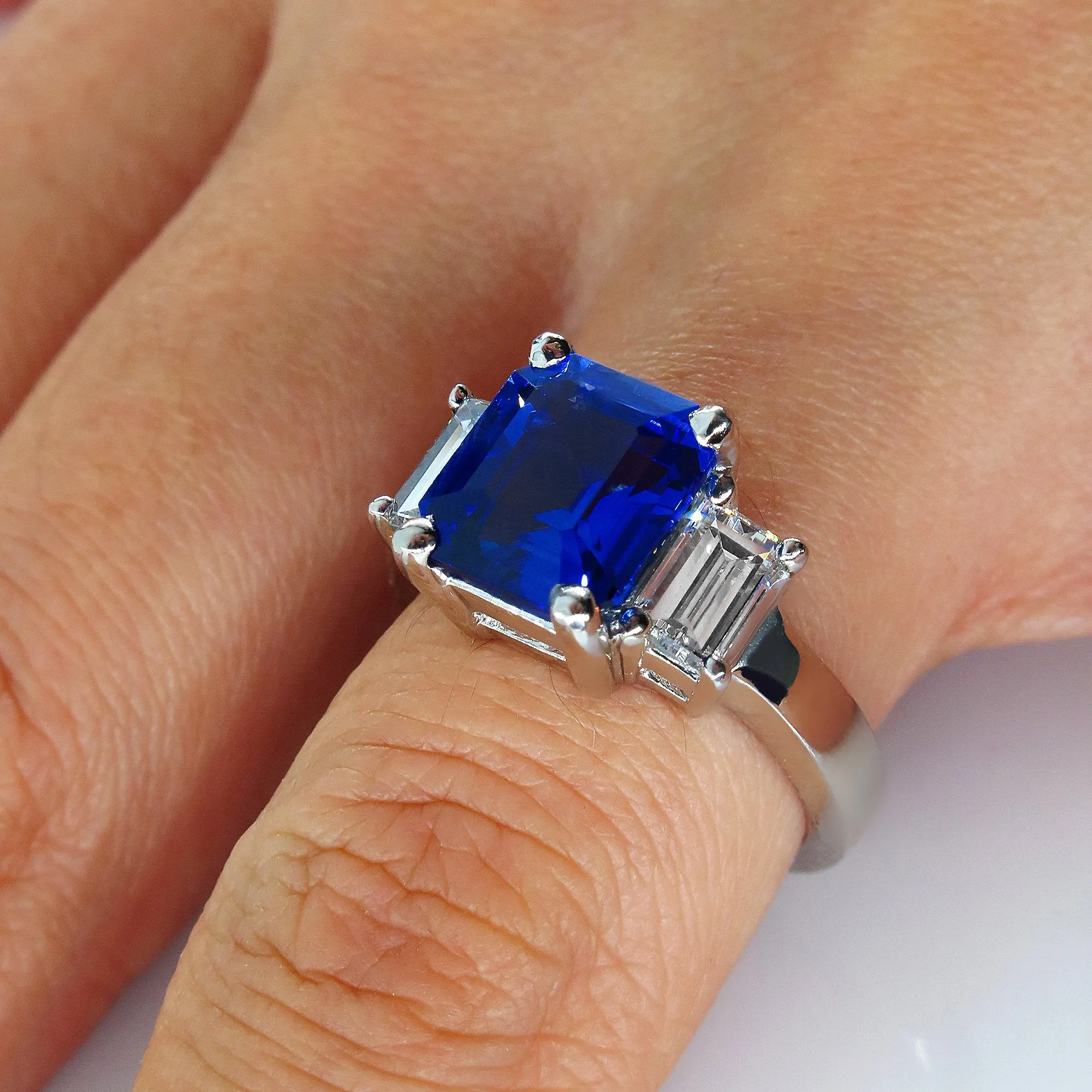 4.19ctw Ceylon GIA Natural Royal Blue Sapphire and Diamond Platinum 3 Stone Ring