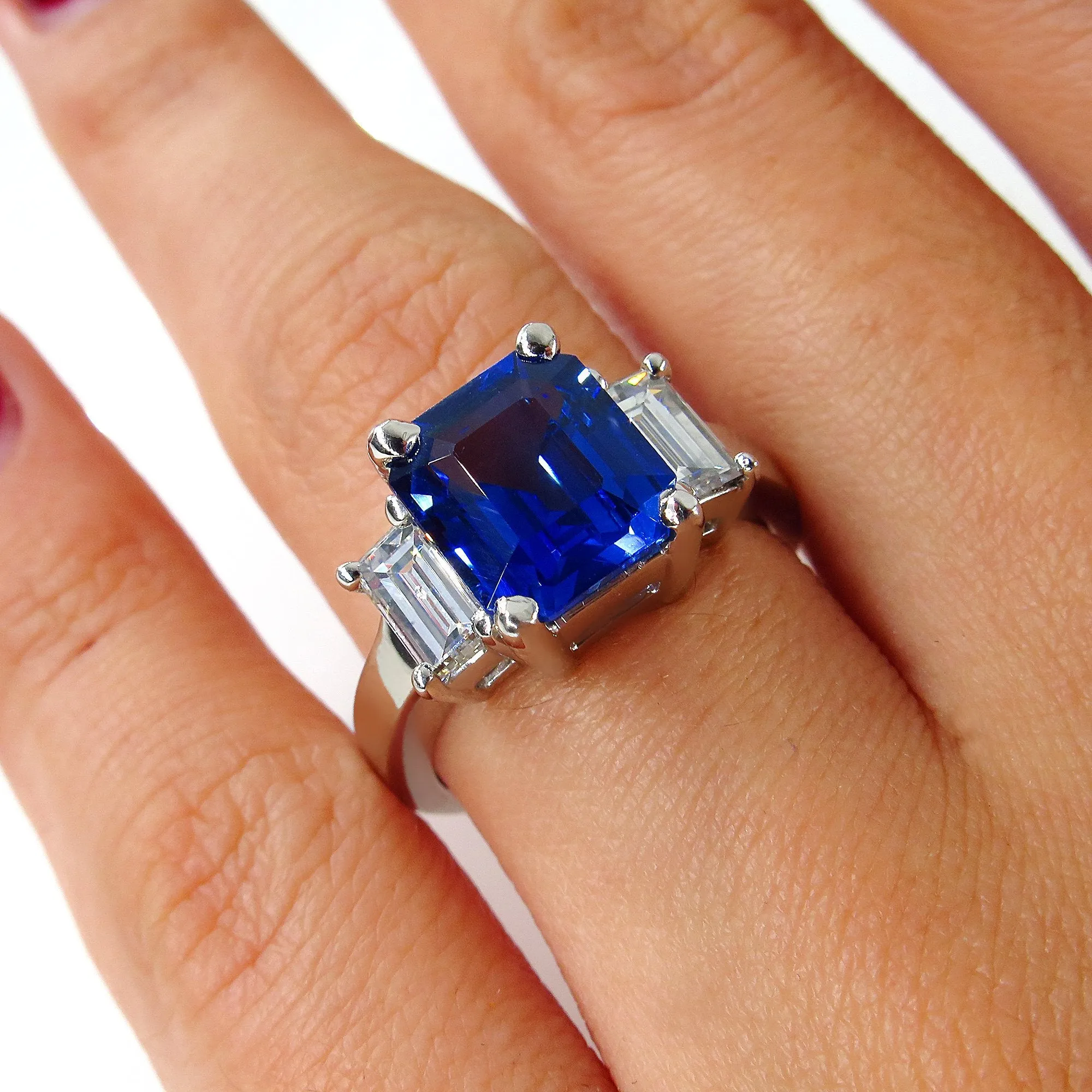 4.19ctw Ceylon GIA Natural Royal Blue Sapphire and Diamond Platinum 3 Stone Ring