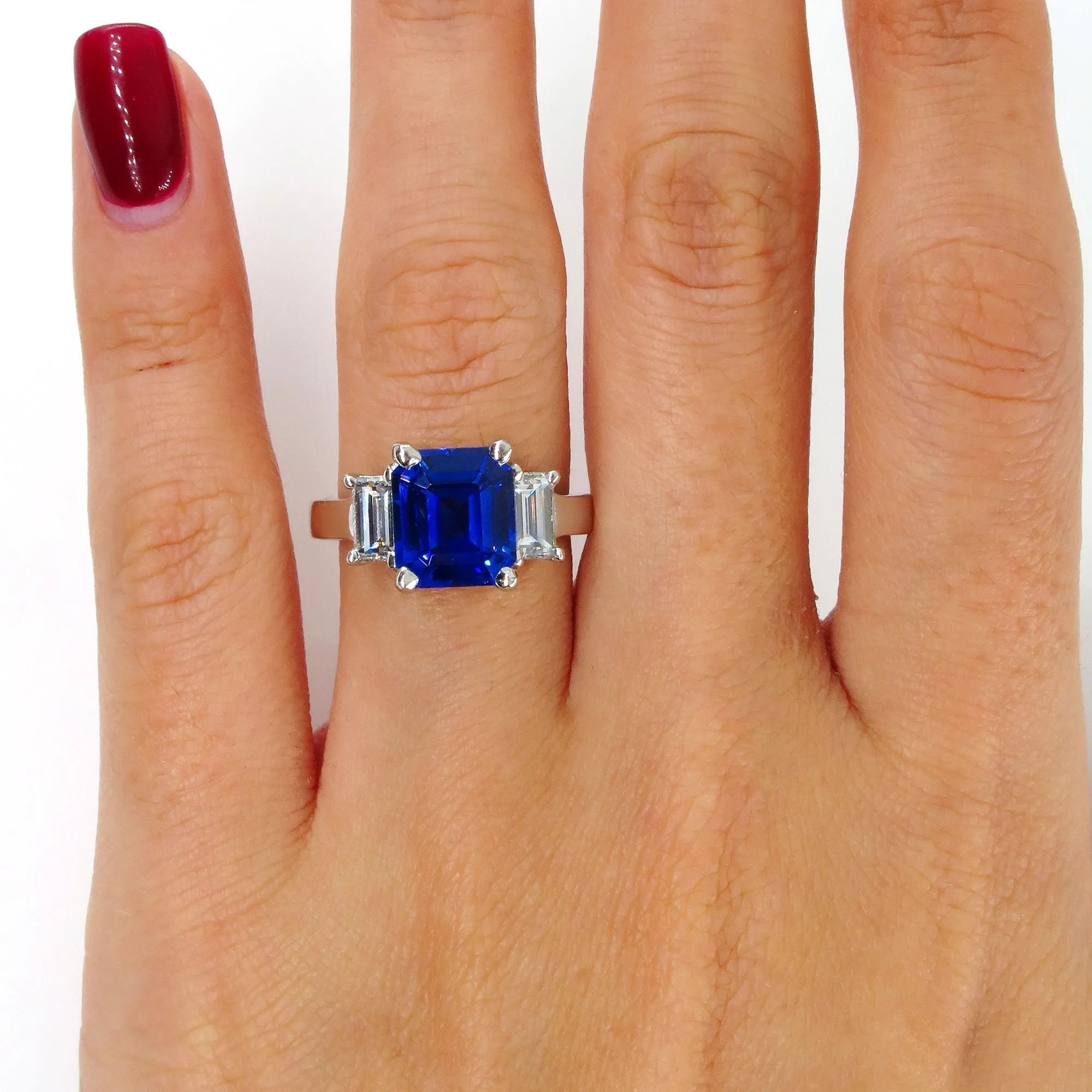 4.19ctw Ceylon GIA Natural Royal Blue Sapphire and Diamond Platinum 3 Stone Ring