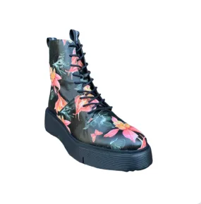 A9350 Floral Black Lace Up Combat Boot