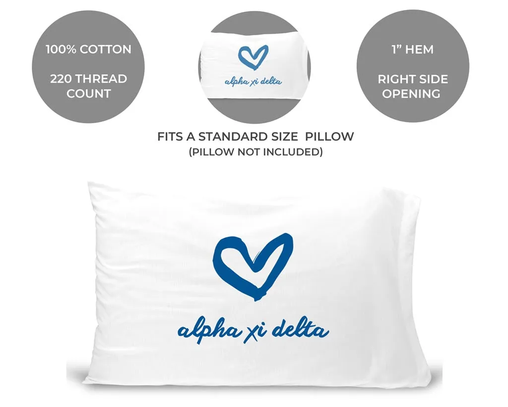 Alpha Xi Delta Sorority Name with Heart Design on Printed Pillowcase