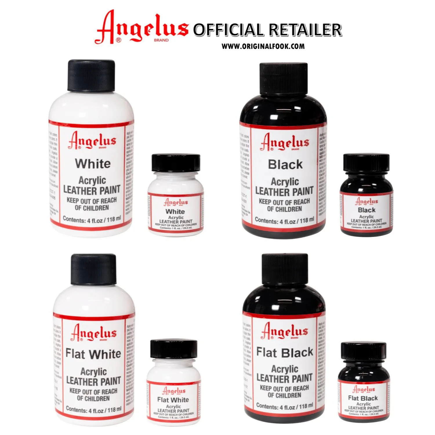 Angelus Acrylic Leather Paint Black / White / Flat Black / Flat White