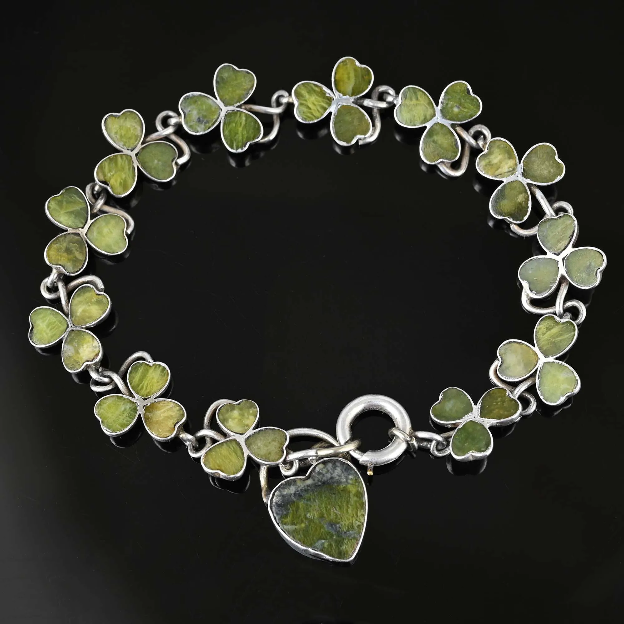 Antique Connemara Marble Shamrock Bracelet w Heart Padlock