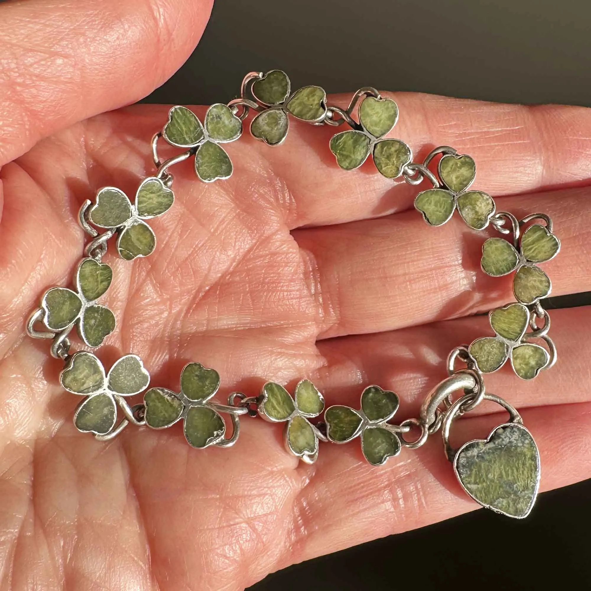 Antique Connemara Marble Shamrock Bracelet w Heart Padlock