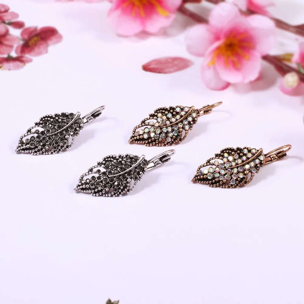 Antique Golden Leaf Shaped Crystal Drop Earring