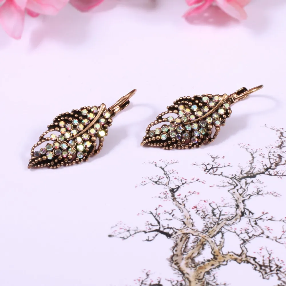 Antique Golden Leaf Shaped Crystal Drop Earring