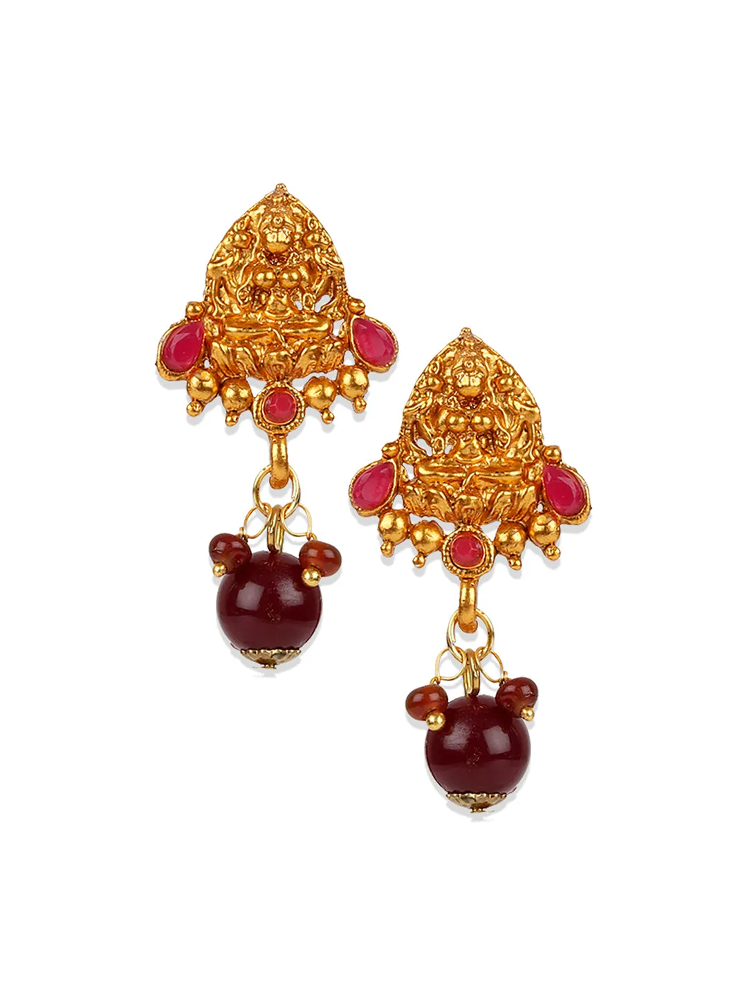 Antique Matte Gold Finish Maroon Stone Studded Temple Jewellery Set - Anikas Creation