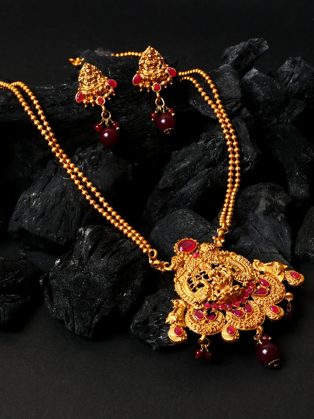 Antique Matte Gold Finish Maroon Stone Studded Temple Jewellery Set - Anikas Creation