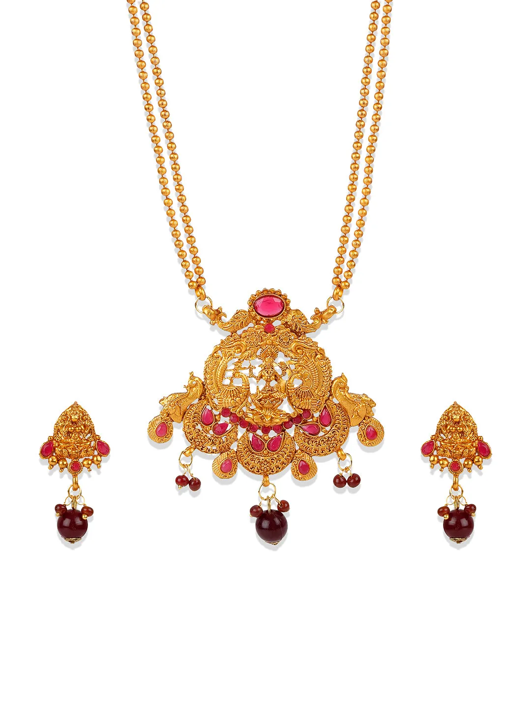 Antique Matte Gold Finish Maroon Stone Studded Temple Jewellery Set - Anikas Creation