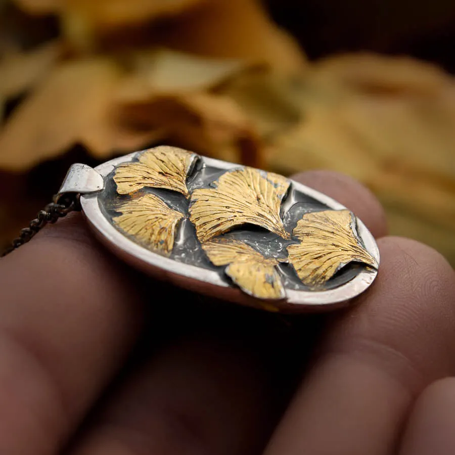 Autumn Creek X- Sterling Silver, Gold and Resin Ginkgo Leaf Necklace