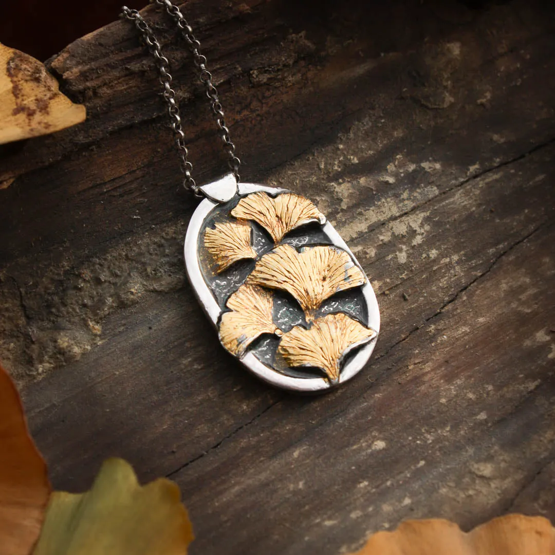 Autumn Creek X- Sterling Silver, Gold and Resin Ginkgo Leaf Necklace