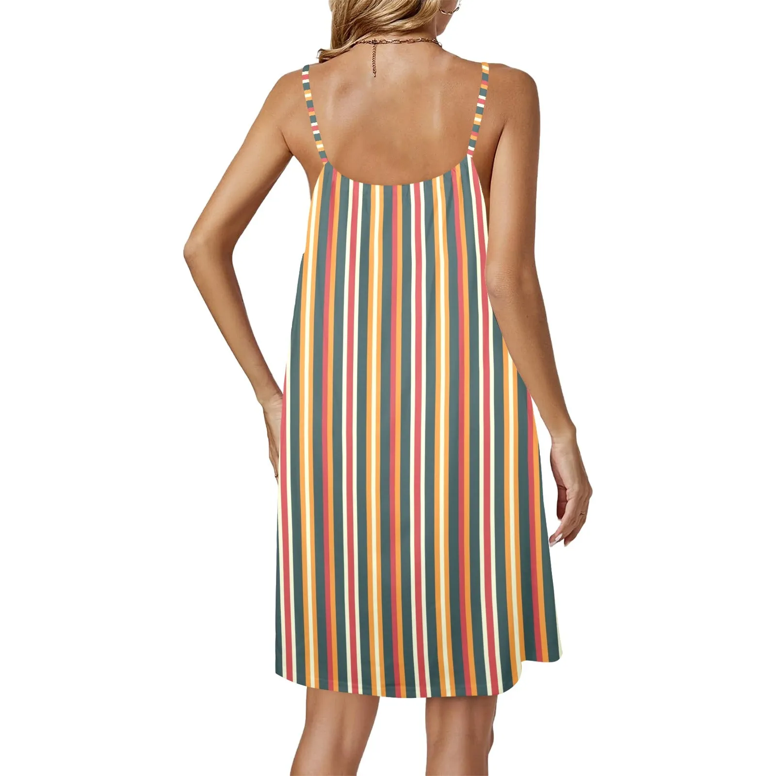 autumn stripes print 2 Drawstring Neck Sleeveless Dress (Model D68)