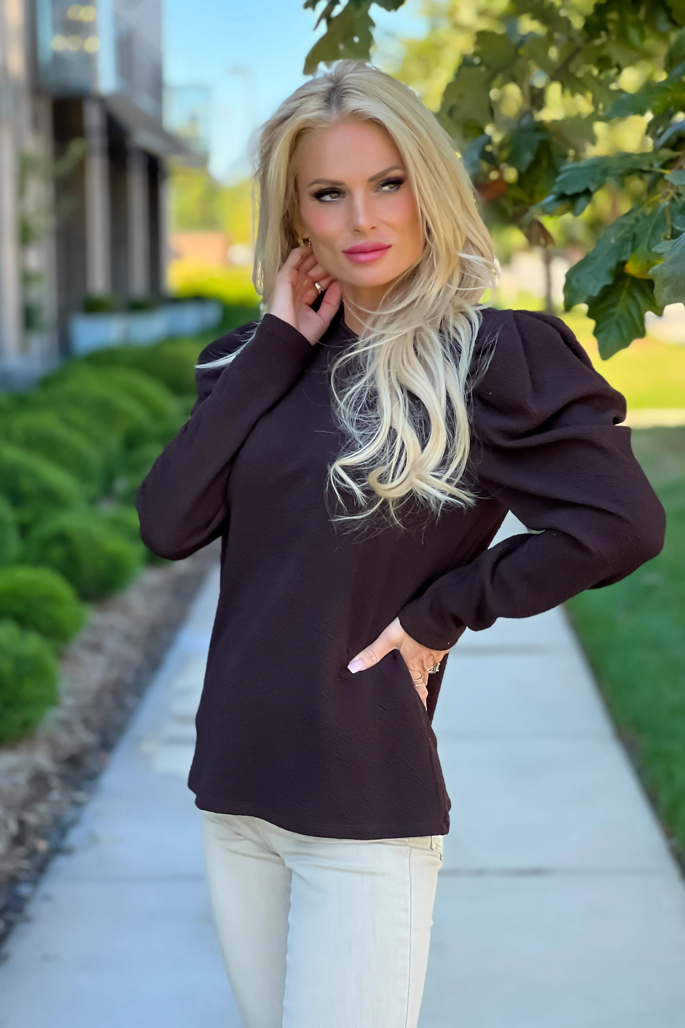 Autumn Sweetheart Textured Puff Sleeve Top : Dark Chocolate