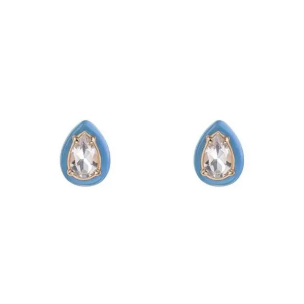 Bea Bongiasca - Gumdrop Stud Earrings with Rock Crystal and Blue Enamel, Yellow Gold and Silver