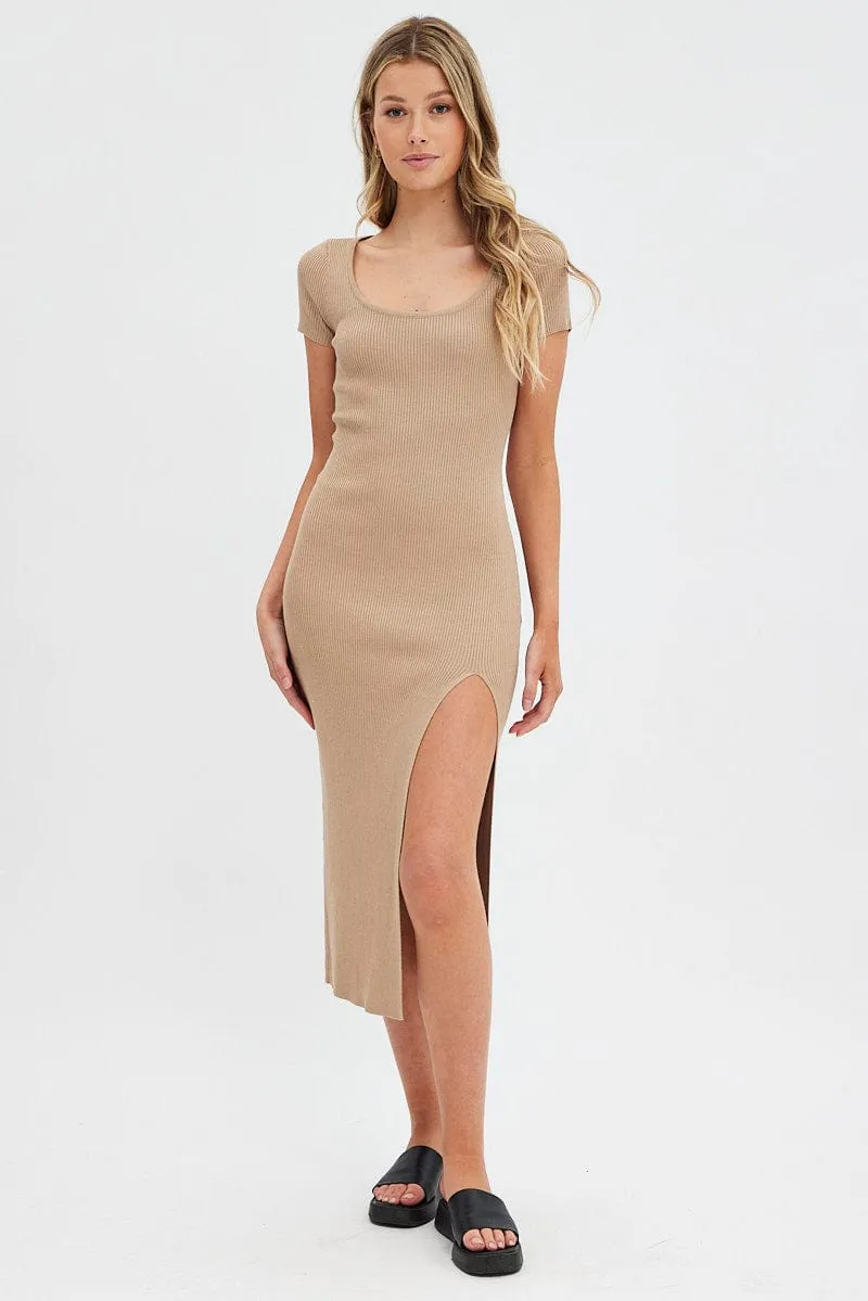 Beige Knit Dress Short Sleeve Bodycon Midi