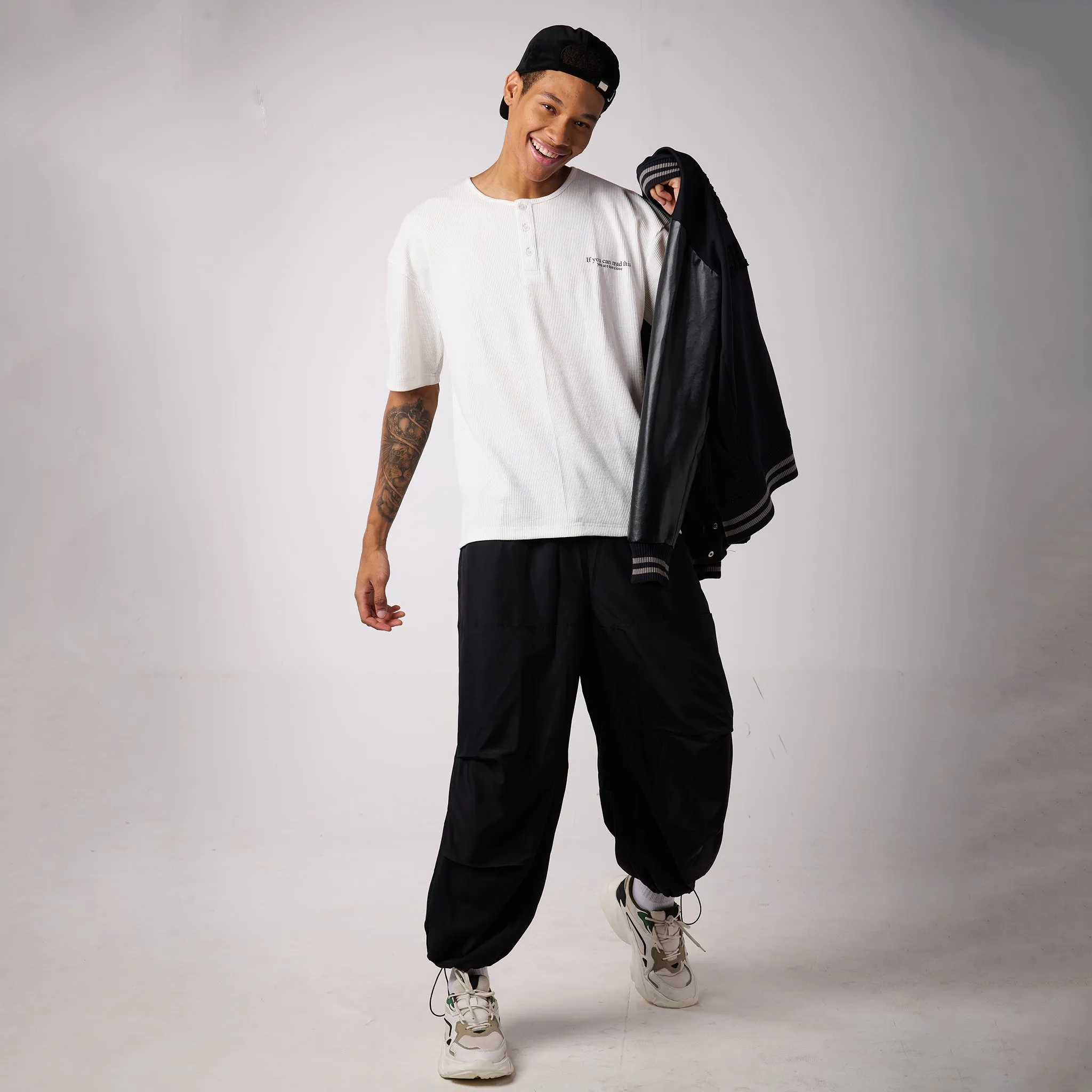 Black Air Parachute Pants & White Textured knit Tee Set for Men