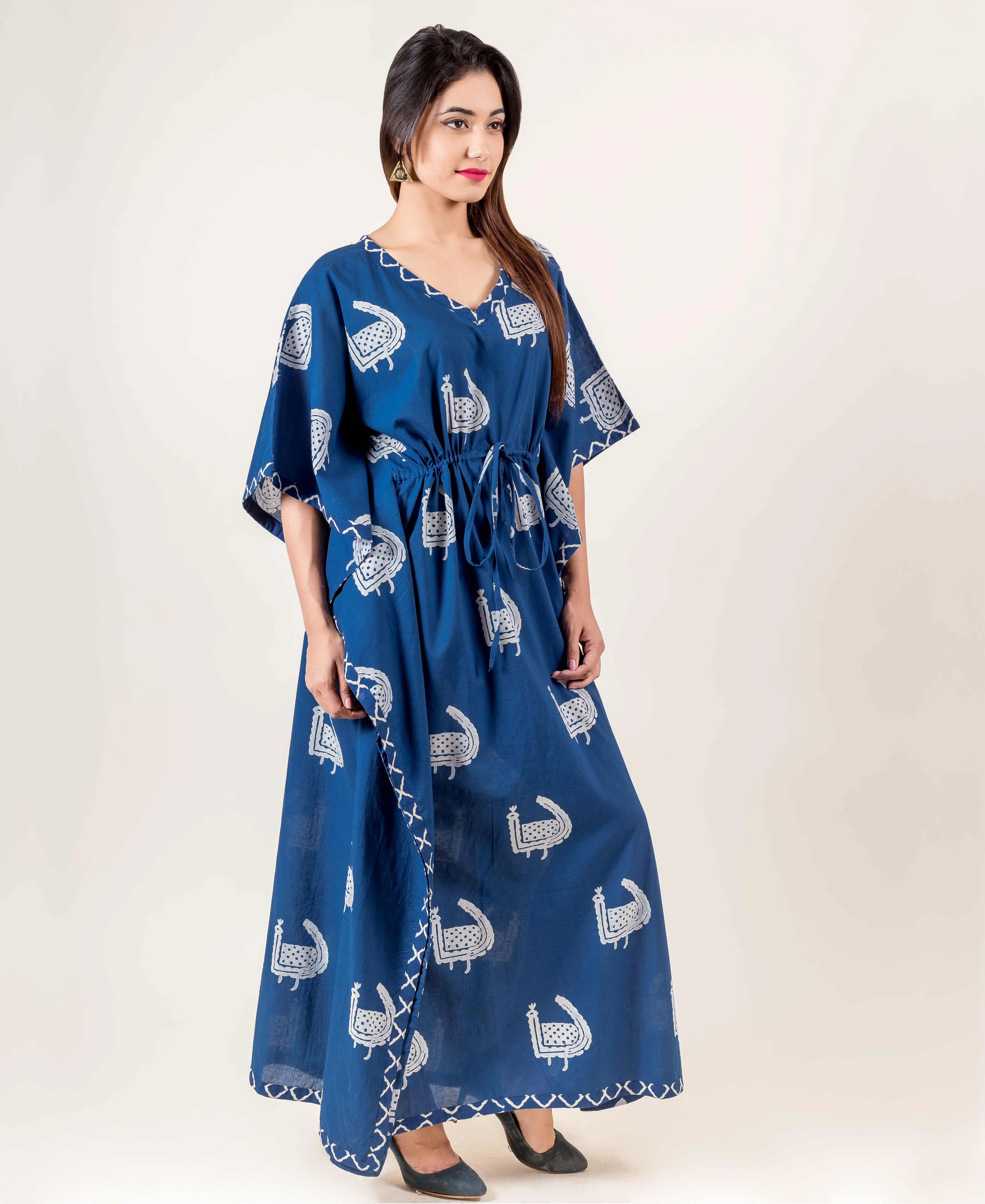 Blue And White Hand Block Printed V-Neck Kaftan