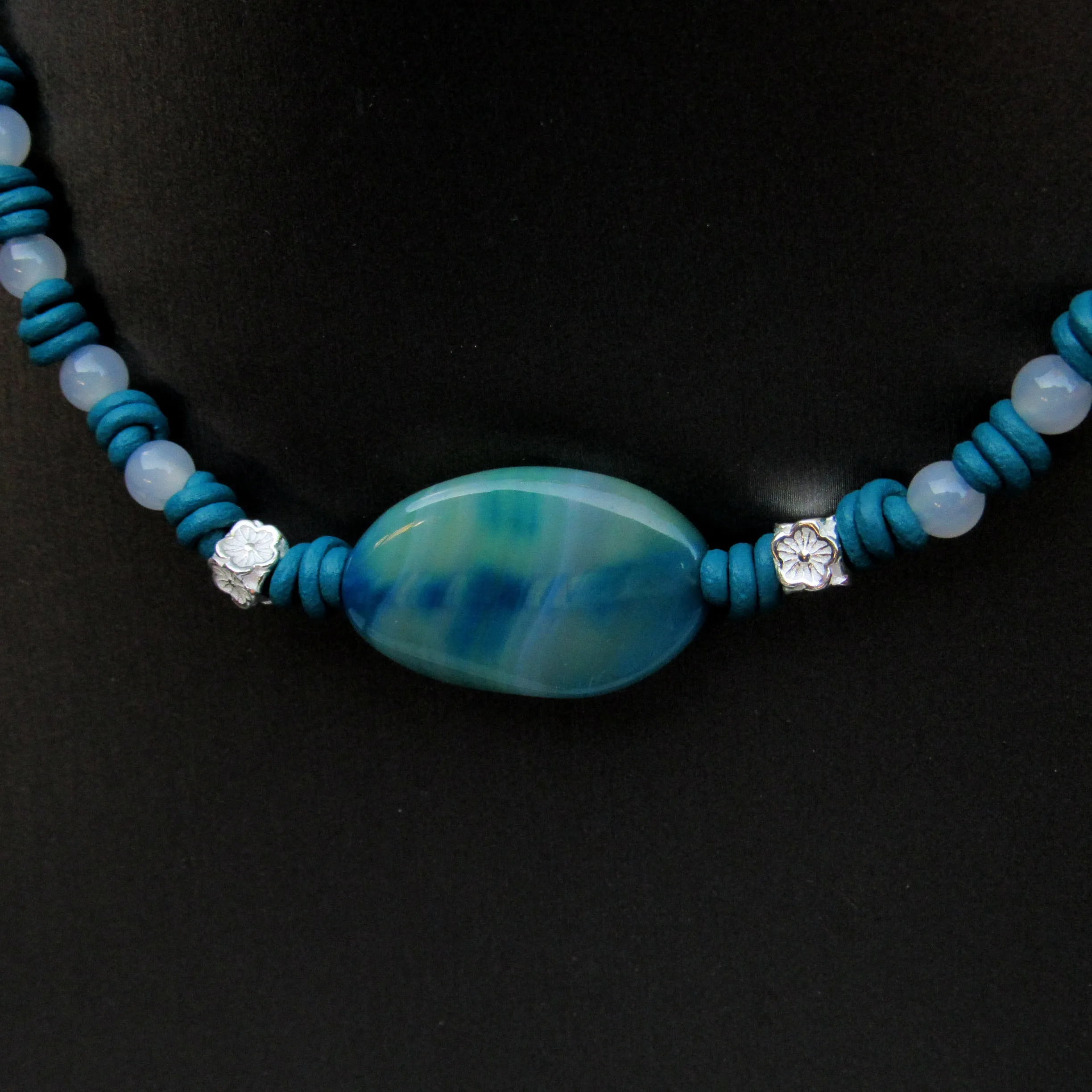 Blue band agate & White Agate gemstones hand knotted leather necklace