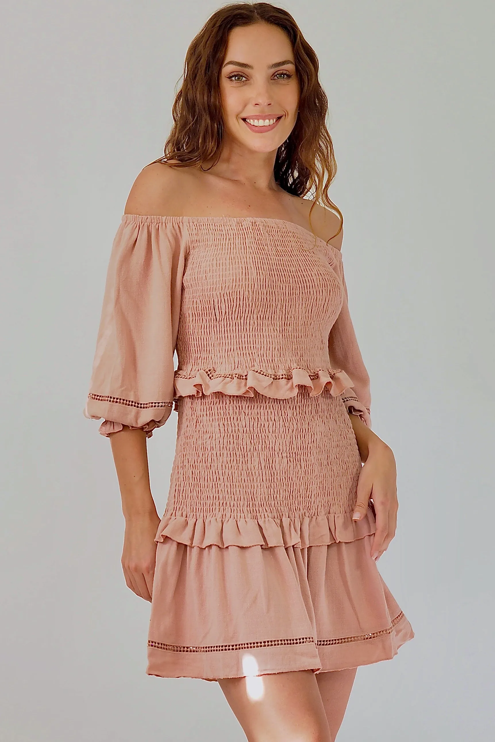 Bronte Off Shoulder Dress - Dusty Pink