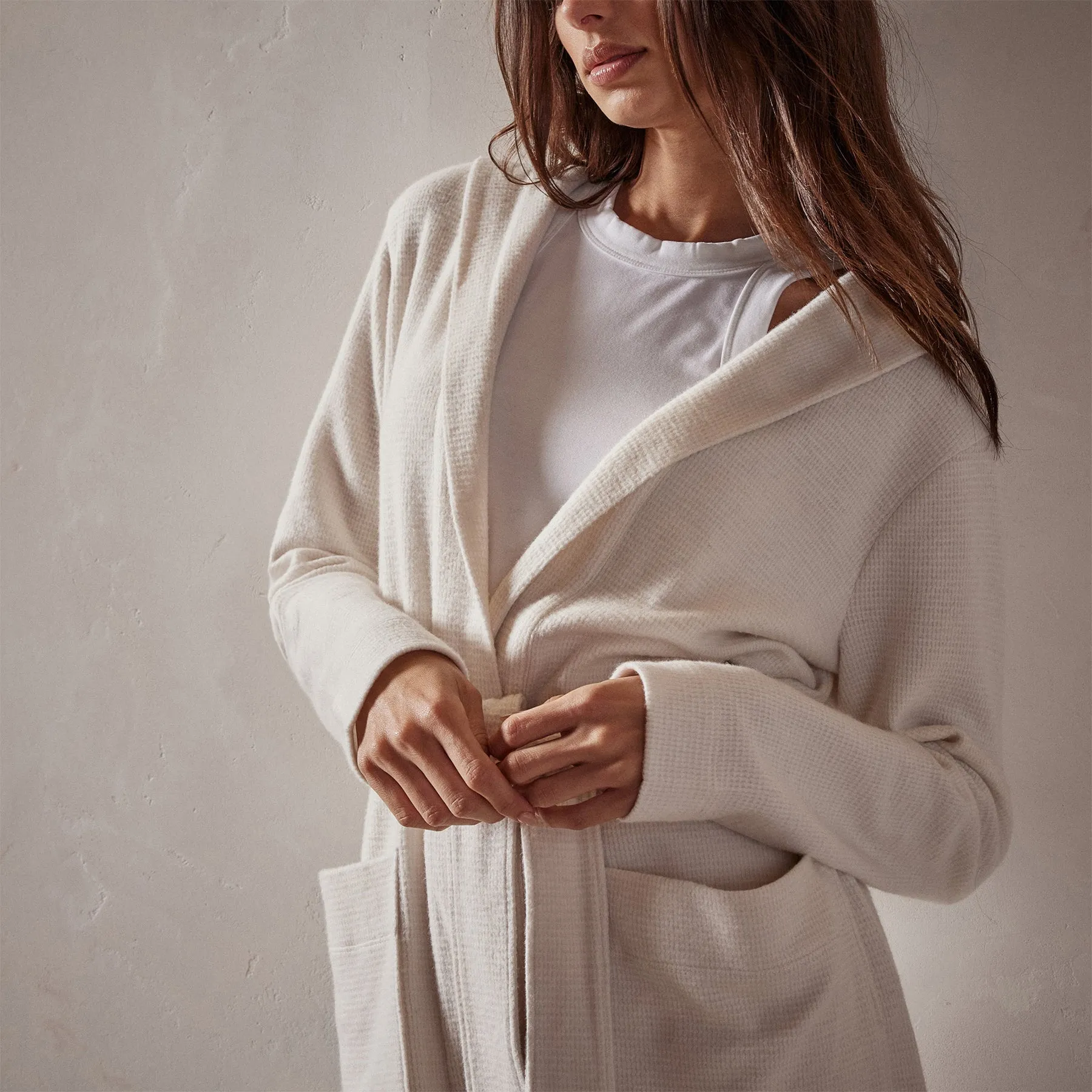 Brushed Thermal Knit Hooded Robe - Oyster