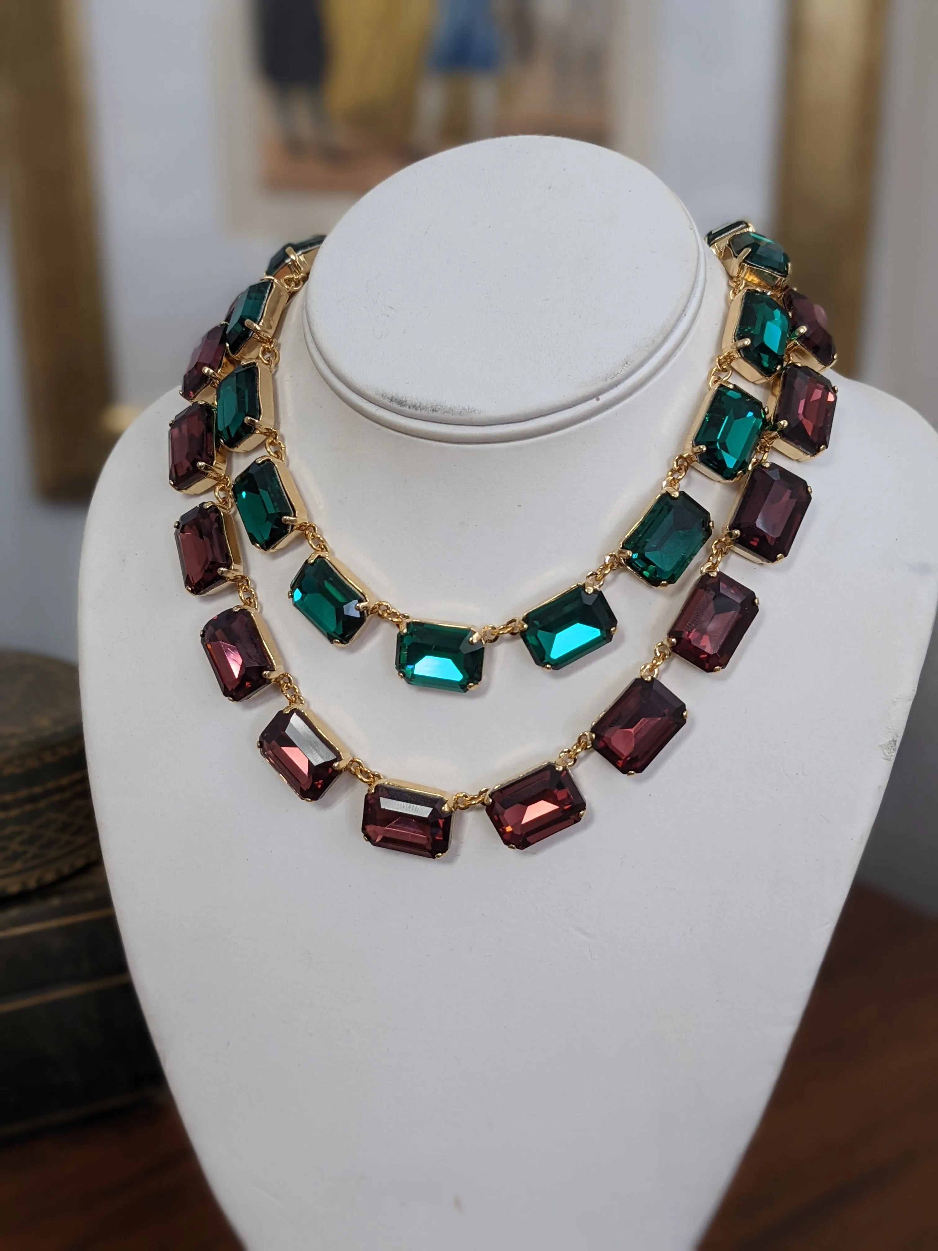 Burgundy Aurora Crystal Collet Necklace - Large Octagon