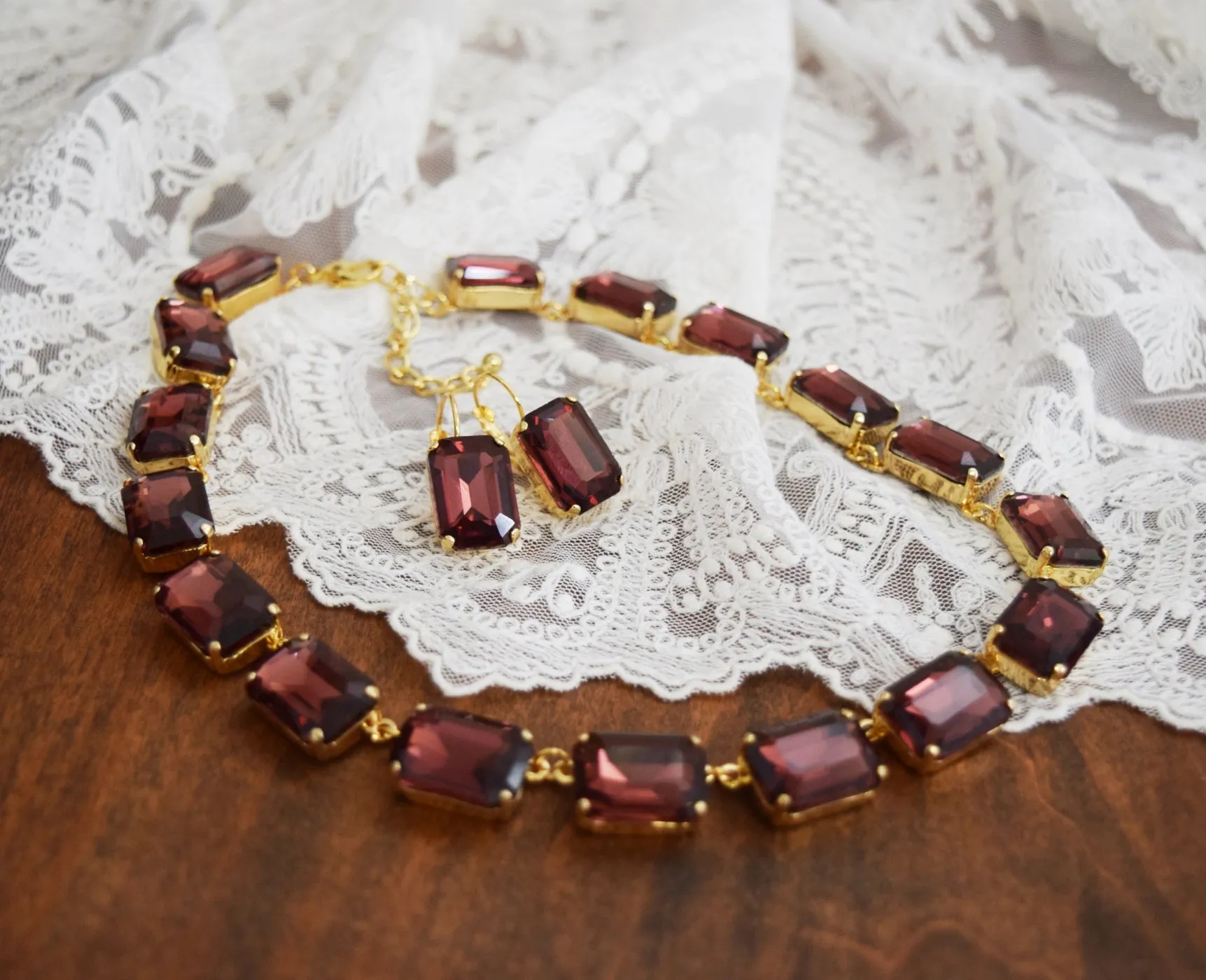 Burgundy Aurora Crystal Collet Necklace - Large Octagon