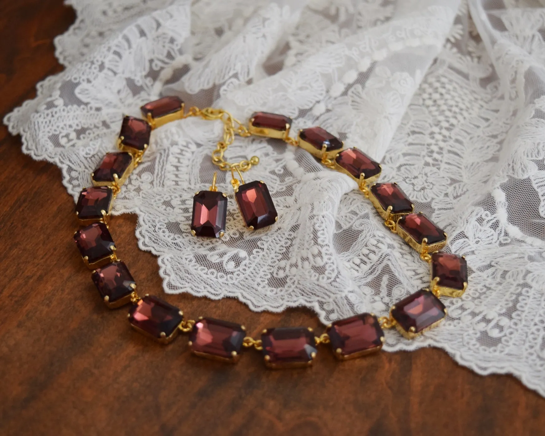 Burgundy Aurora Crystal Collet Necklace - Large Octagon