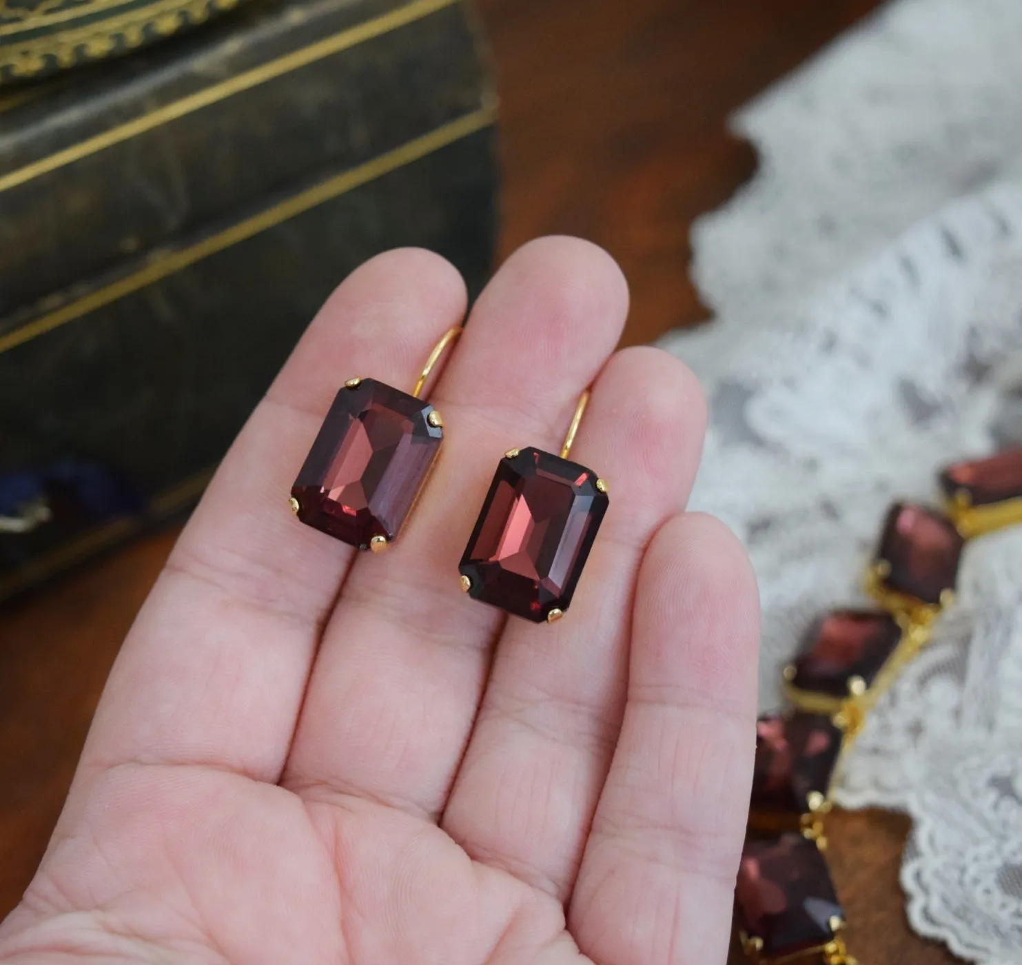 Burgundy Aurora Crystal Collet Necklace - Large Octagon