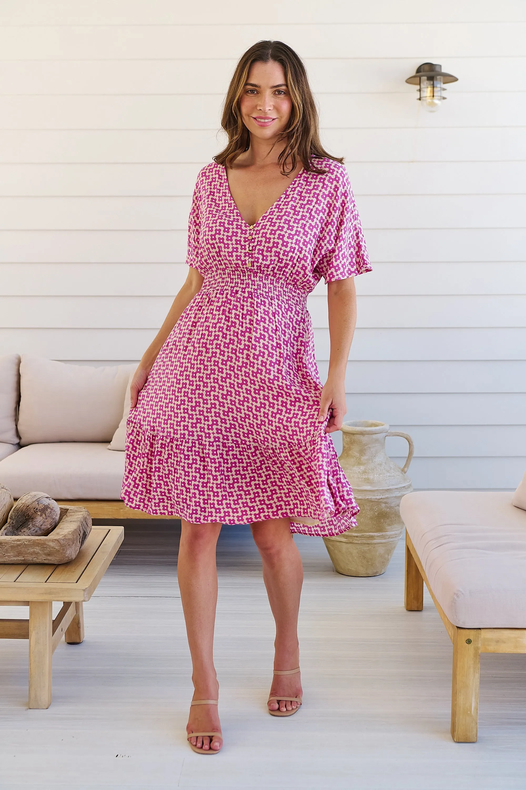 Chiara Cap Sleeve Pink Retro Print Button Front Dress