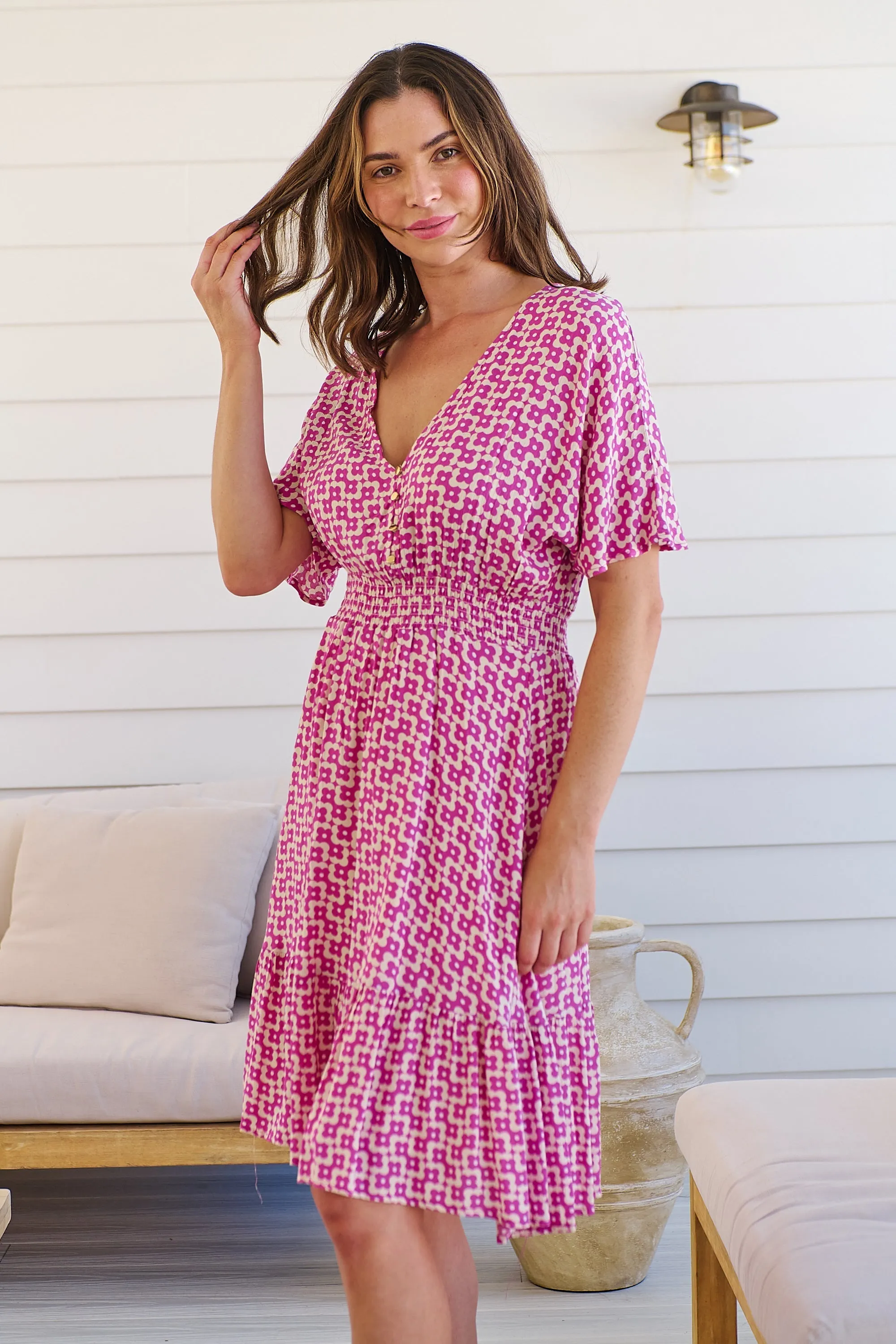 Chiara Cap Sleeve Pink Retro Print Button Front Dress