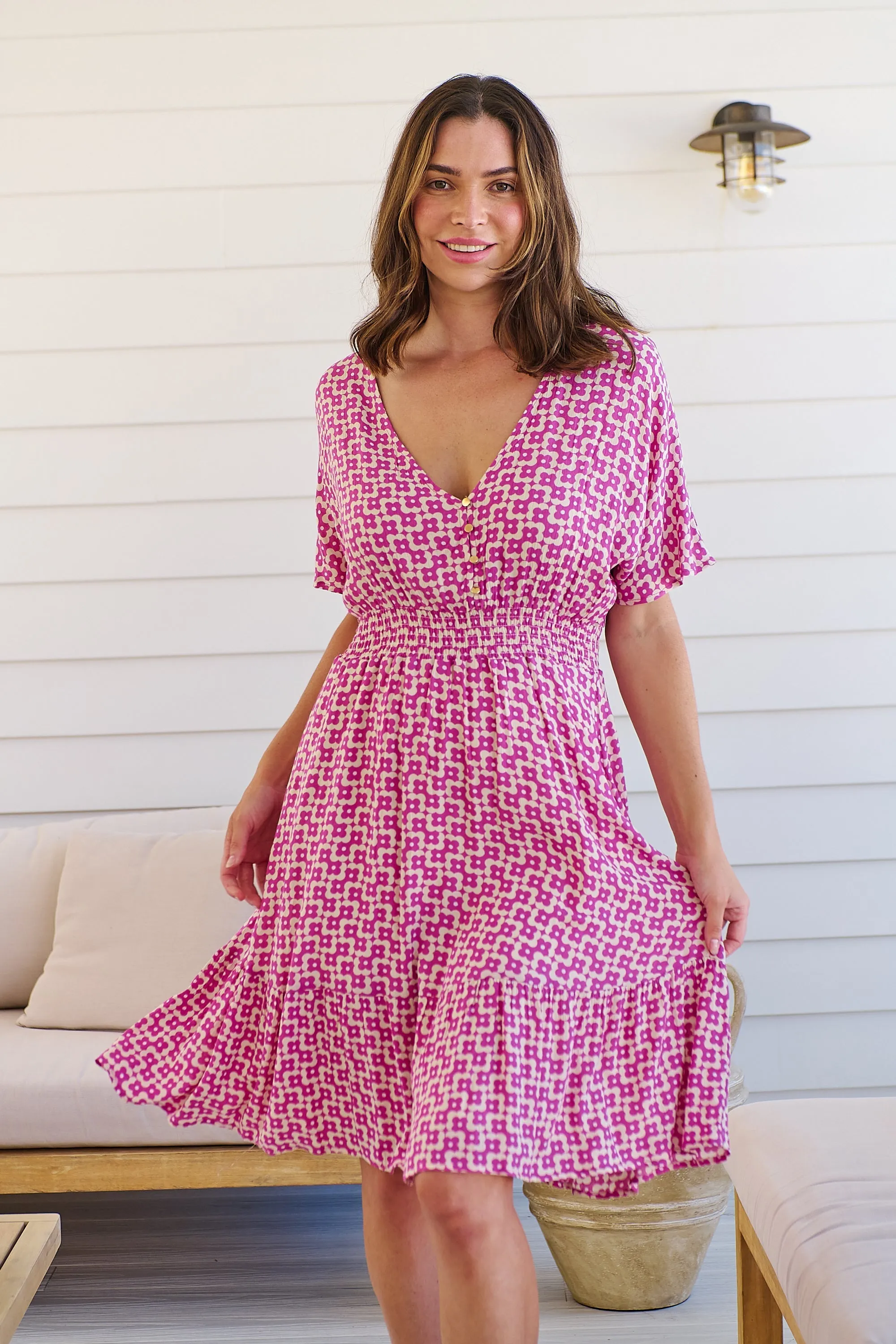 Chiara Cap Sleeve Pink Retro Print Button Front Dress