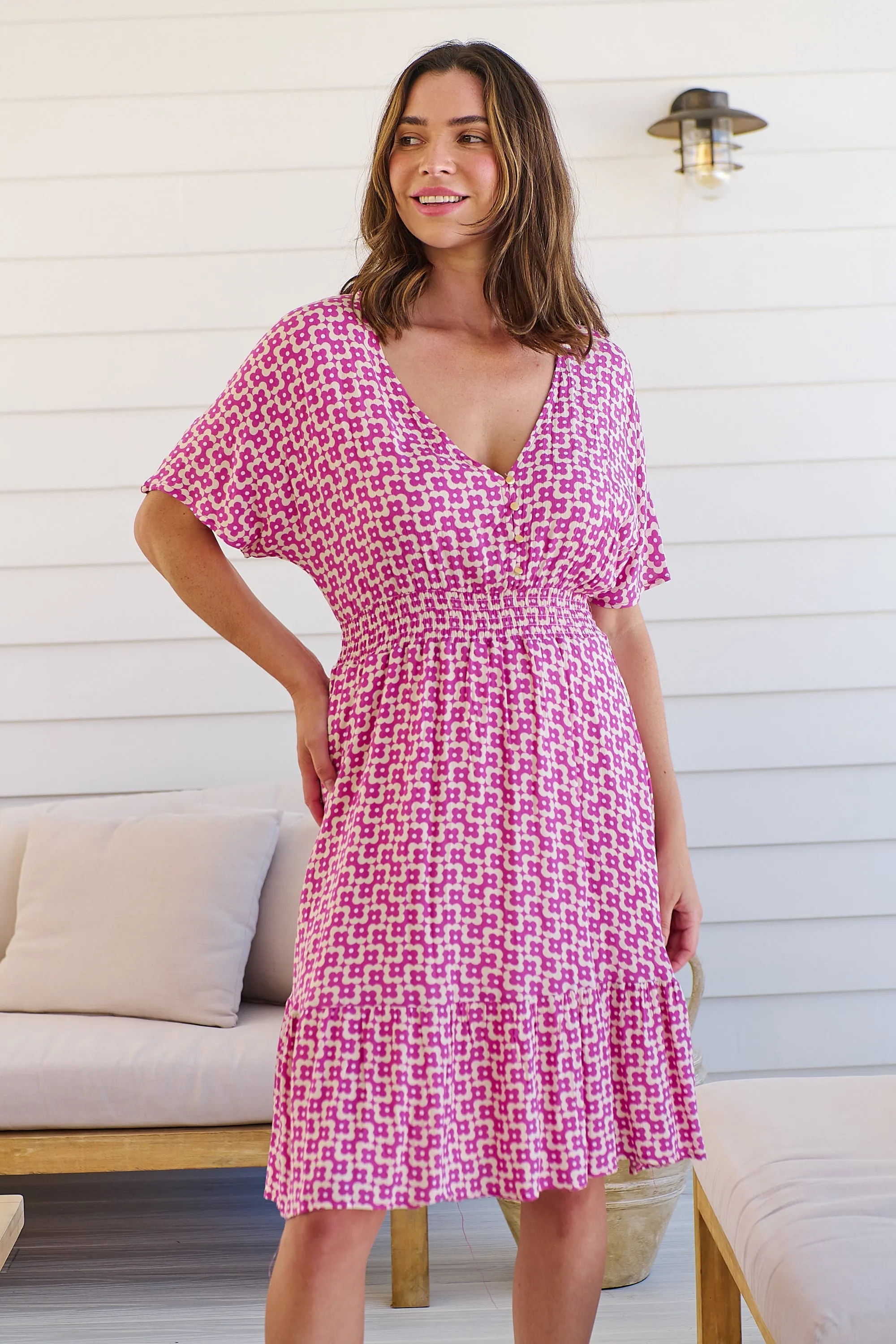 Chiara Cap Sleeve Pink Retro Print Button Front Dress