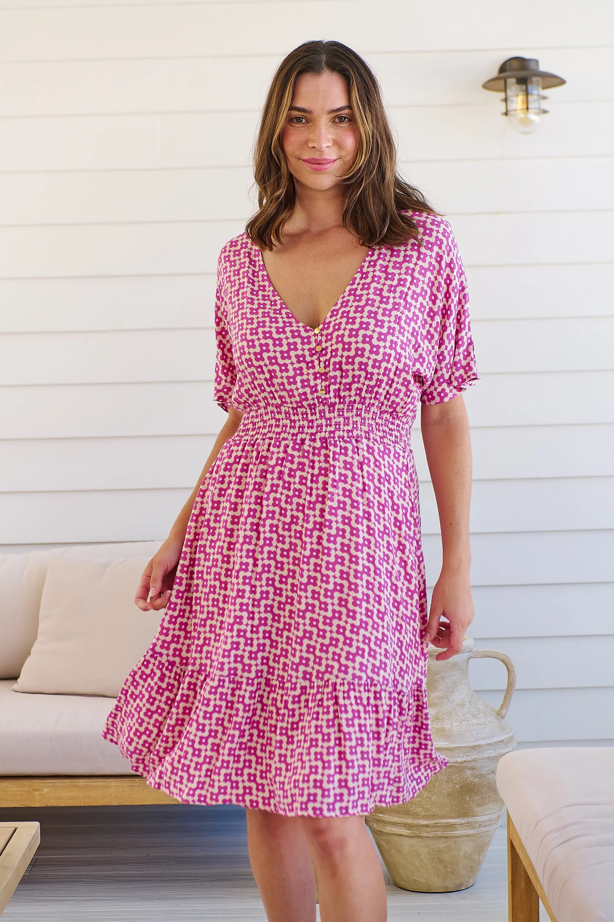 Chiara Cap Sleeve Pink Retro Print Button Front Dress