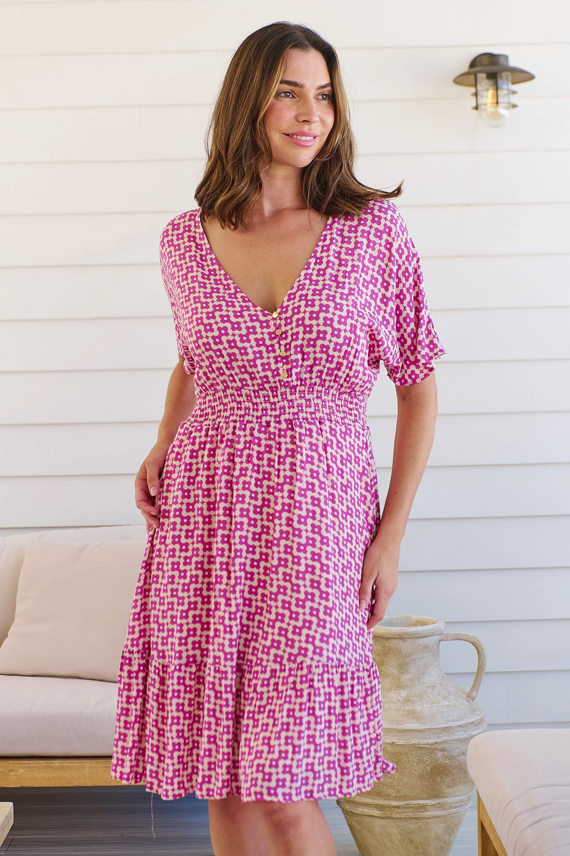 Chiara Cap Sleeve Pink Retro Print Button Front Dress