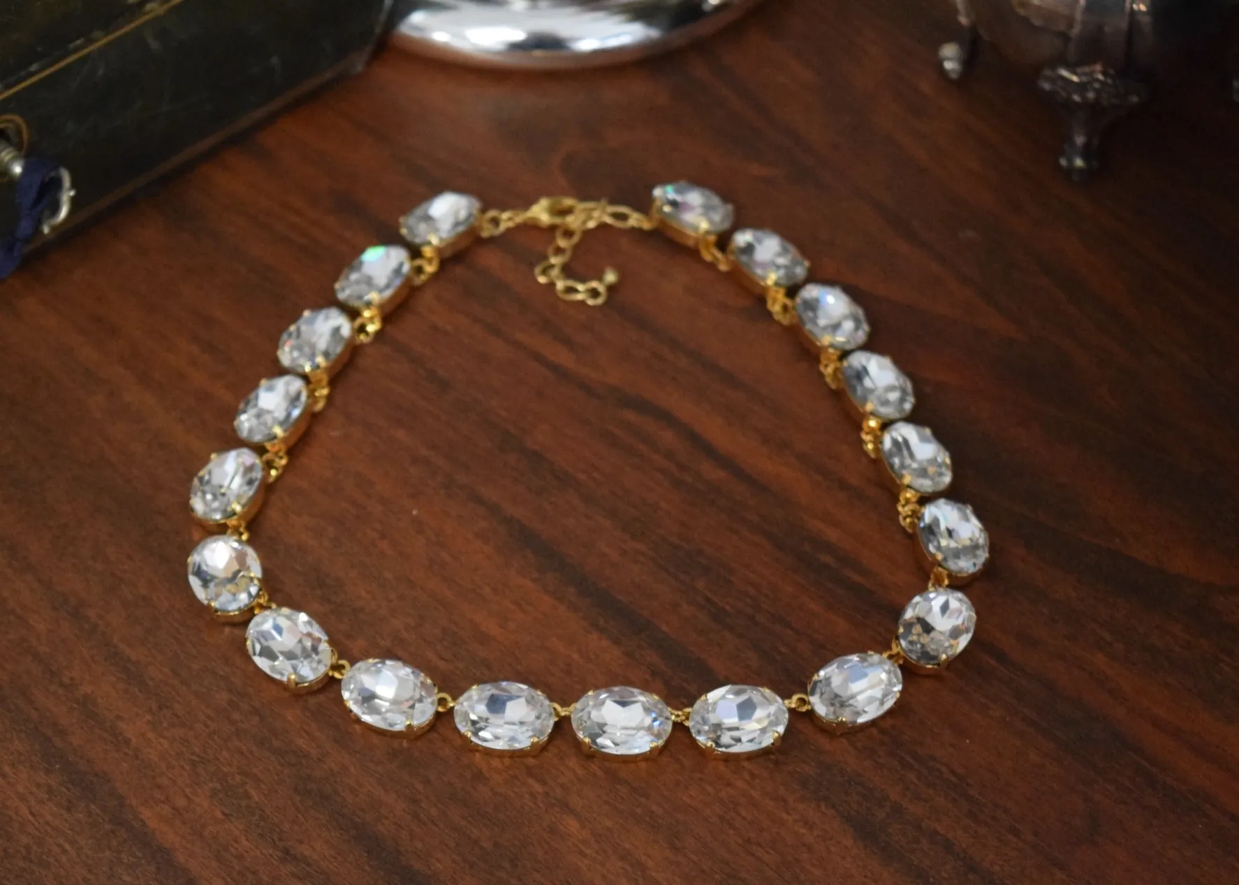 Clear Crystal Aurora Crystal Collet Necklace - Large Oval