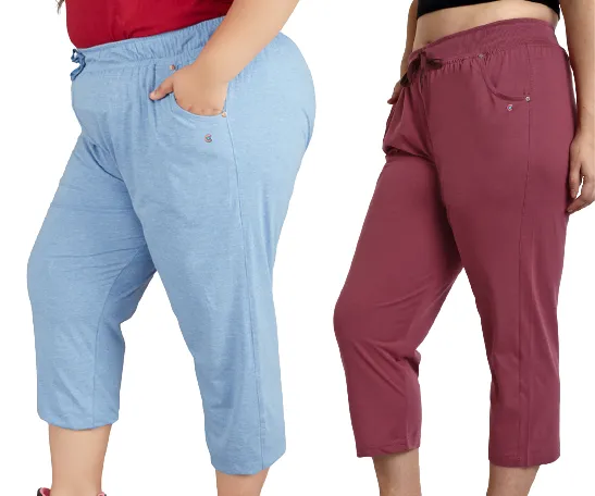 Cotton Capris For Women - Half Pants Pack of 2 (Sky Blue & Mauve)