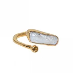 Cultured Pearl and Tourmaline Gold Plated Statement Ring- Size 6.5, Adjustable