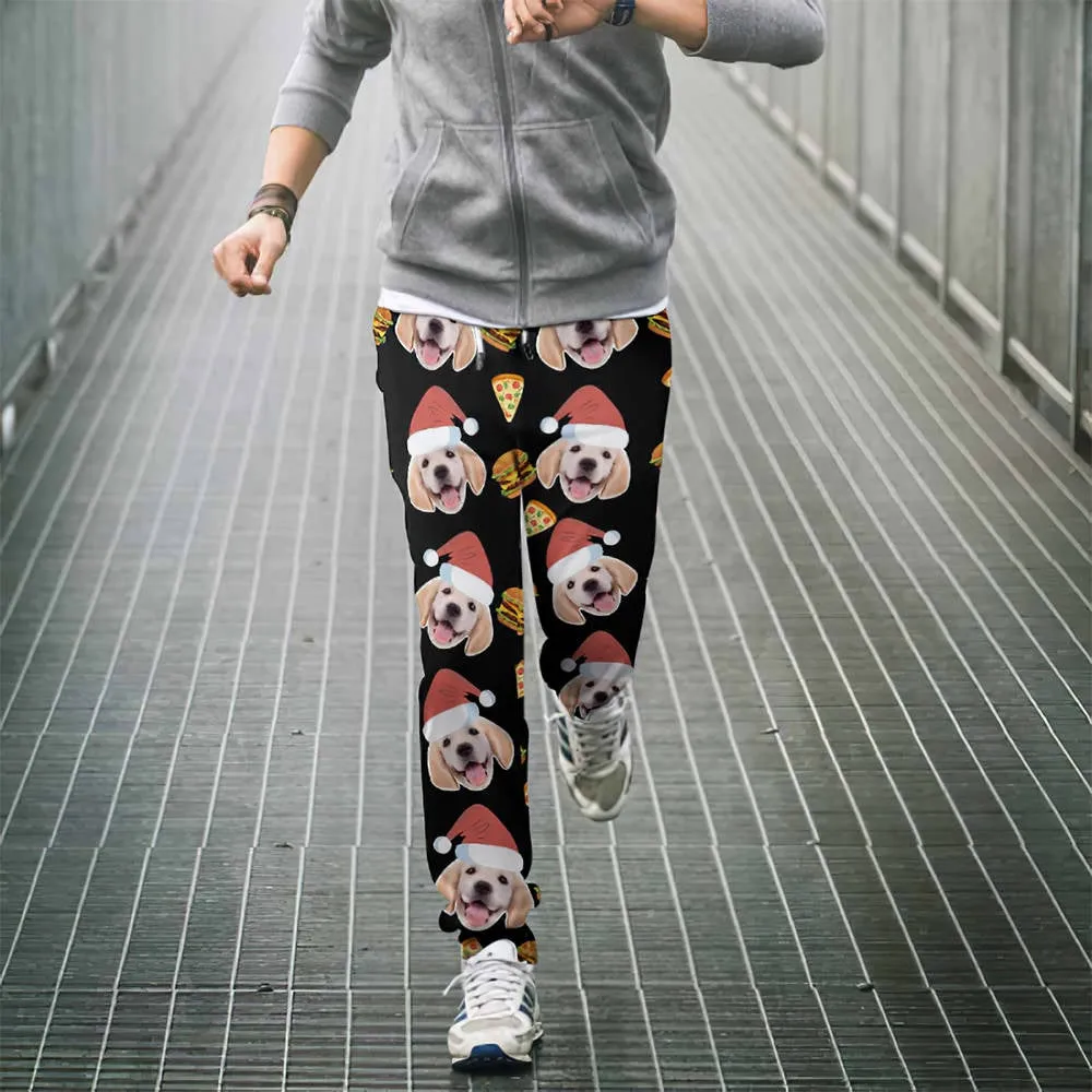 Custom Face Christmas Sweatpants Unisex Joggers with Pizza and Burger